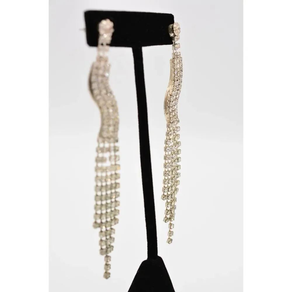 Vintage Dangle Earrings Rhinestone Crystal Fringe Chain Prong Silver 1980s 9L